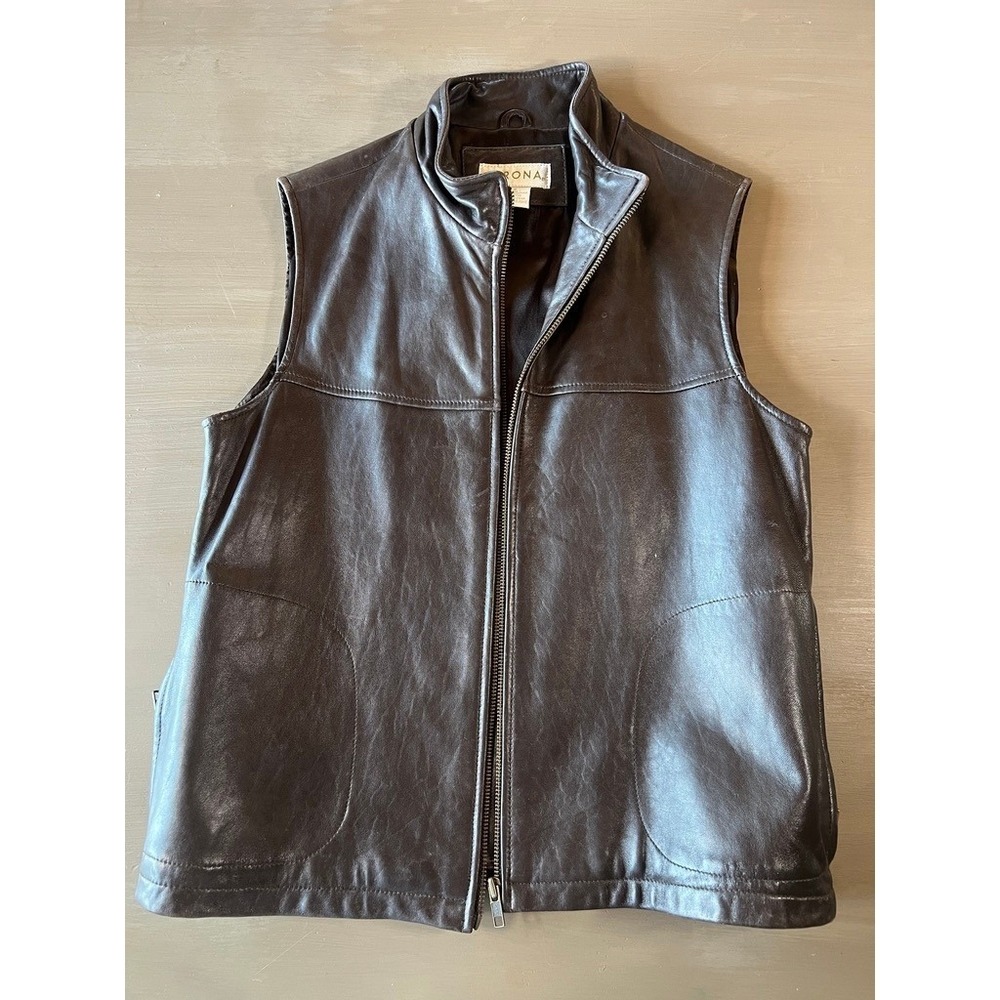 Brown Leather Vest Zip Front Minimalist Moto Dark Academia 90s Revival Y2K Layer